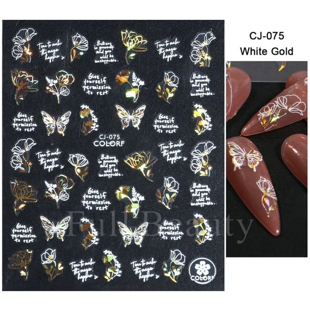 Manicure Stickers White Laser Gold Fall Leaves Decals Sliders Nail Art Decor