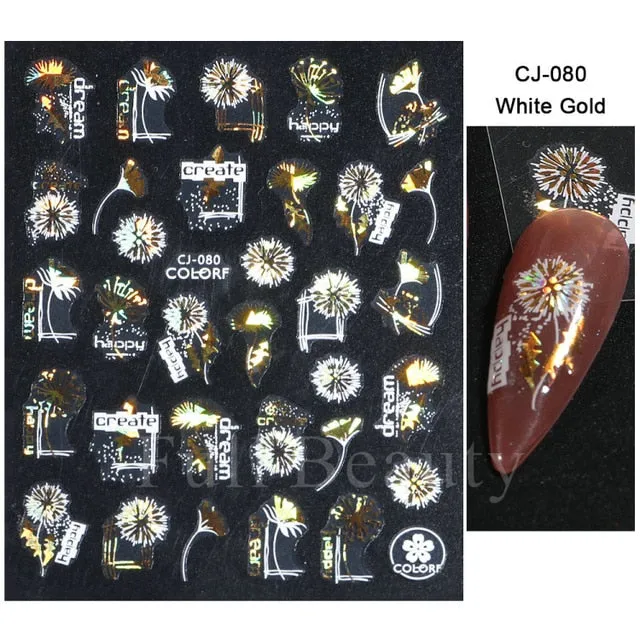 Manicure Stickers White Laser Gold Fall Leaves Decals Sliders Nail Art Decor