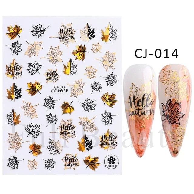 Manicure Stickers White Laser Gold Fall Leaves Decals Sliders Nail Art Decor