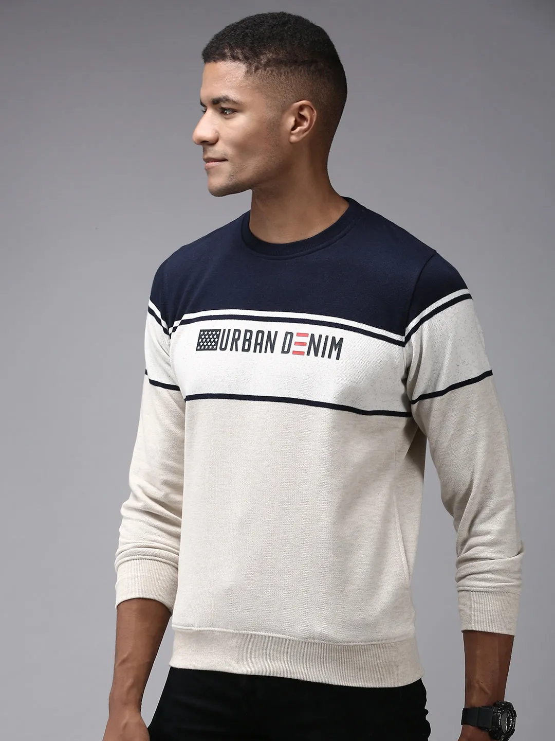 Men Cream Colour blocked Sweatshirt
