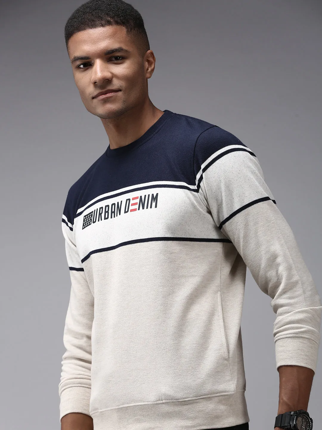 Men Cream Colour blocked Sweatshirt