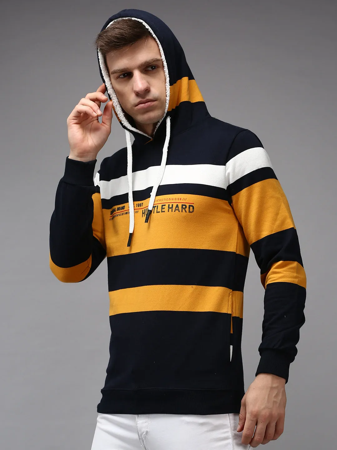Men Navy Blue Colour blocked Hooded Sweatshirt