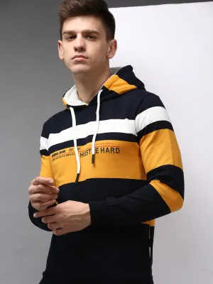 Men Navy Blue Colour blocked Hooded Sweatshirt