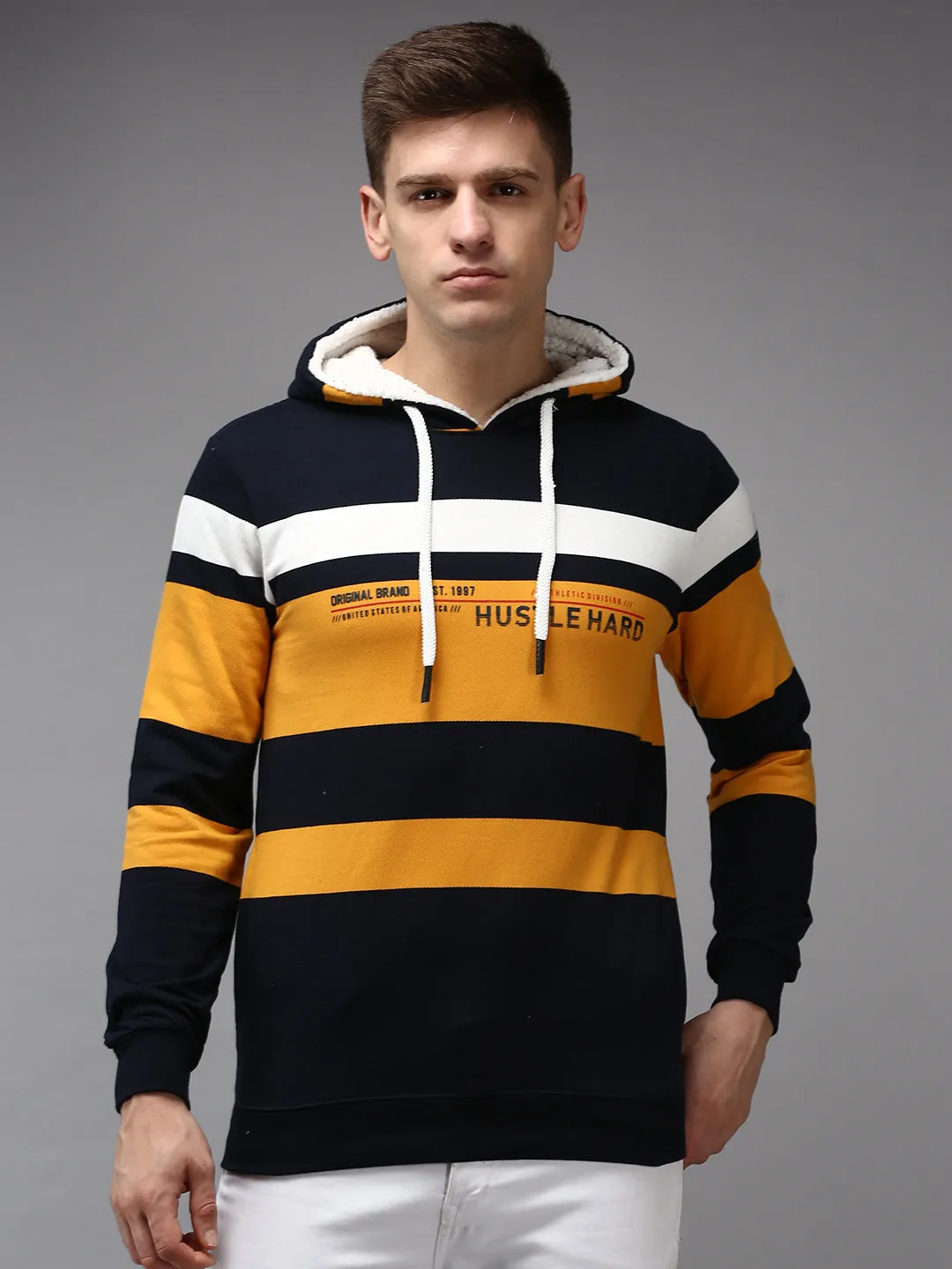 Men Navy Blue Colour blocked Hooded Sweatshirt