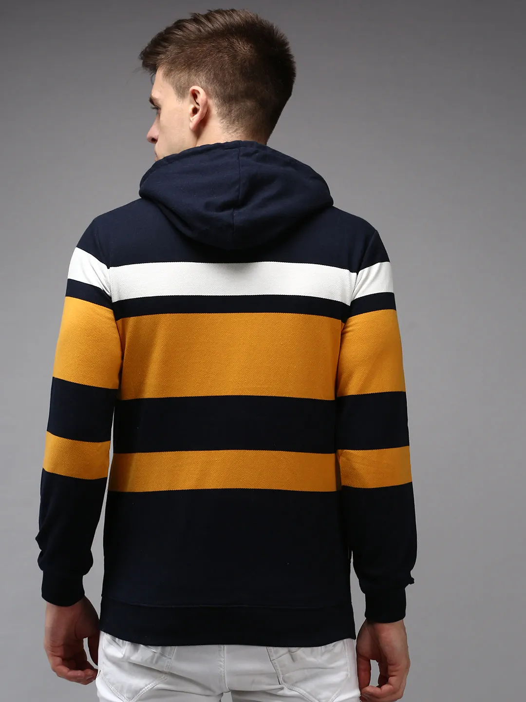Men Navy Blue Colour blocked Hooded Sweatshirt