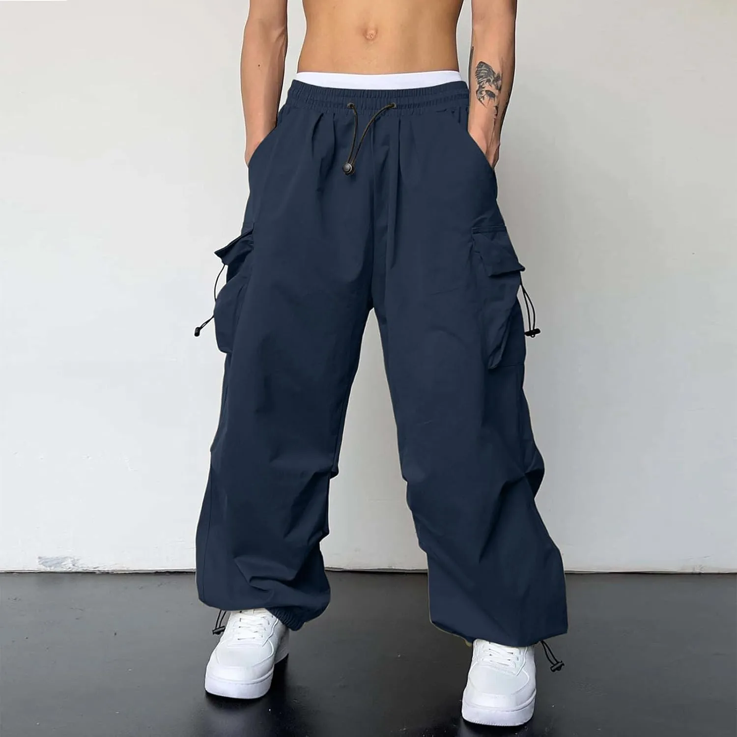 Men's Baggy Cargo Pants Casual Parachute Pant Cotton Loose Fit Harem Joggers with Multiple Pockets