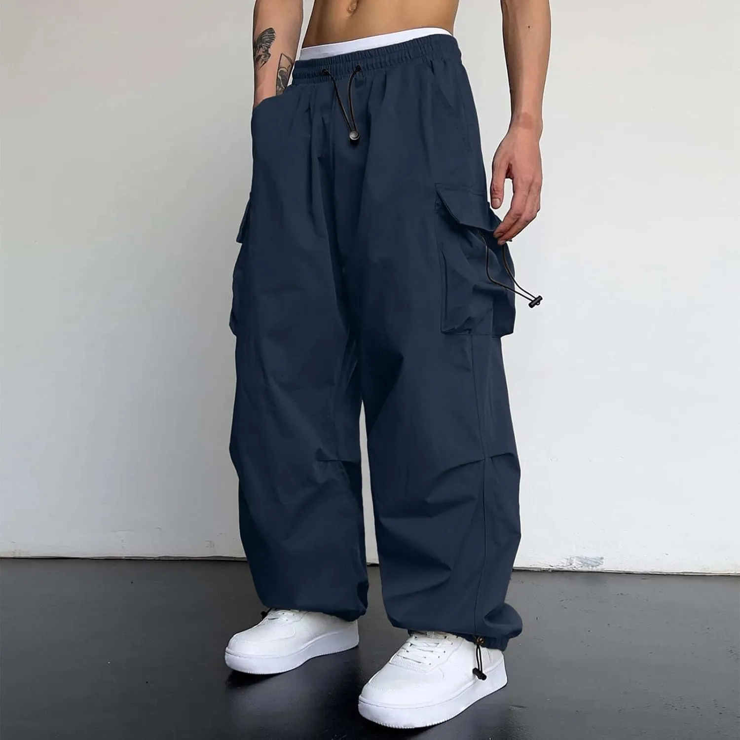 Men's Baggy Cargo Pants Casual Parachute Pant Cotton Loose Fit Harem Joggers with Multiple Pockets