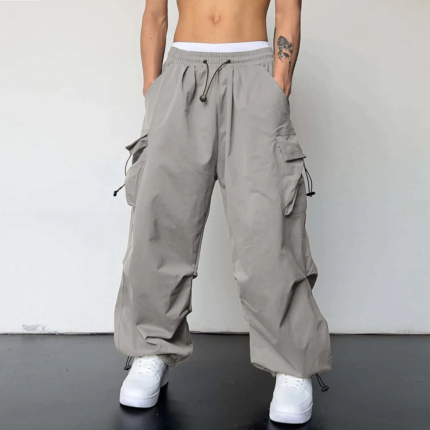 Men's Baggy Cargo Pants Casual Parachute Pant Wide Leg Loose Fit Joggers Multi Pockets