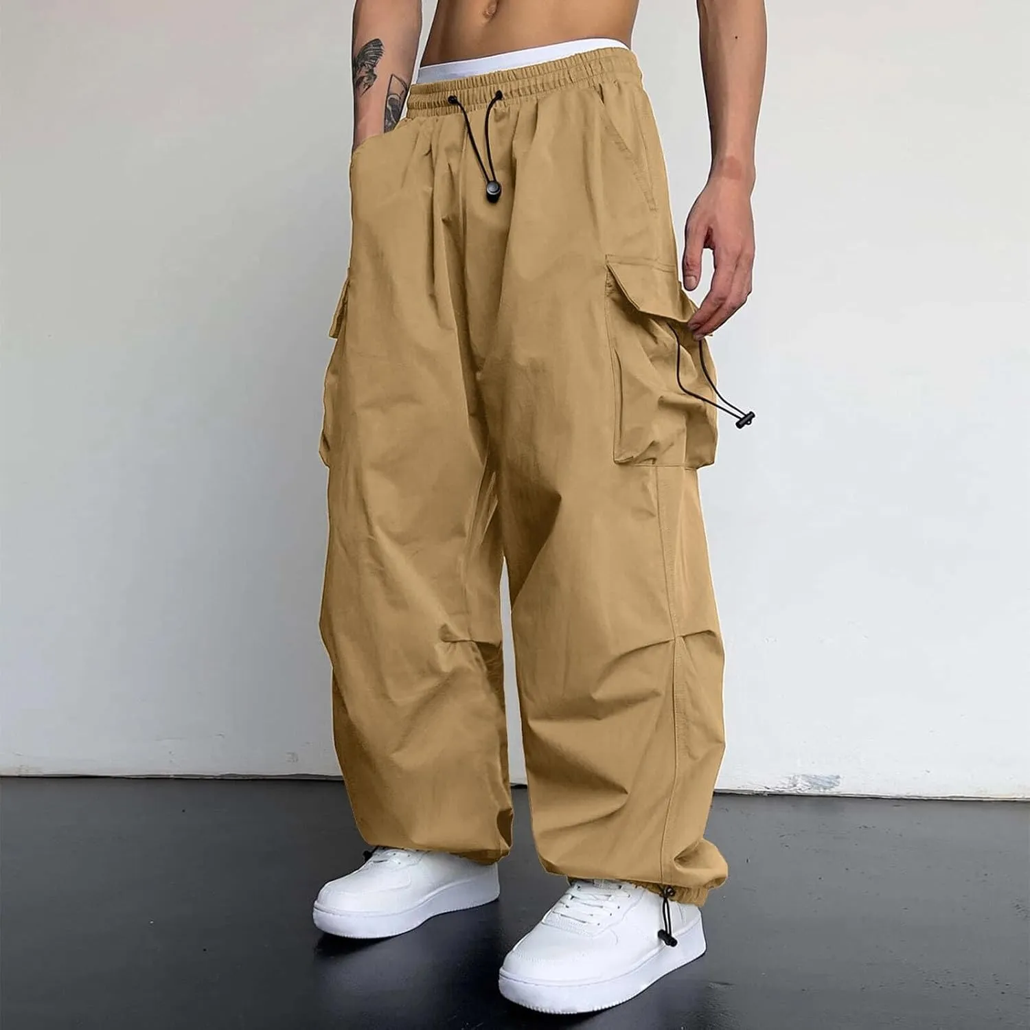 Men's Baggy Cargo Pants Casual Parachute Pant Wide Leg Loose Fit Joggers Multi Pockets