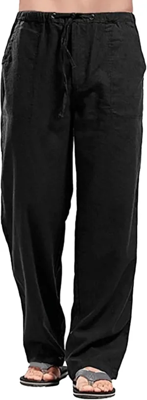 Men's Baggy Cotton Linen Summer Pants Drawstring Solid Beach Trousers Straight Leg Casual Outdoor Sweatpants