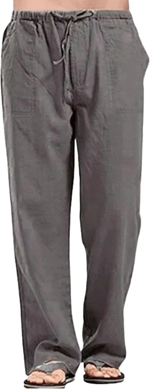 Men's Baggy Cotton Linen Summer Pants Drawstring Solid Beach Trousers Straight Leg Casual Outdoor Sweatpants