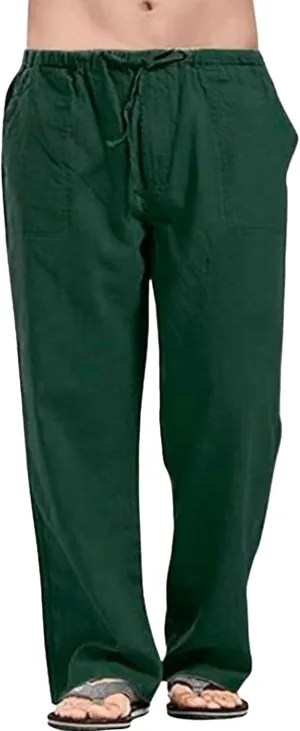 Men's Baggy Cotton Linen Summer Pants Drawstring Solid Beach Trousers Straight Leg Casual Outdoor Sweatpants