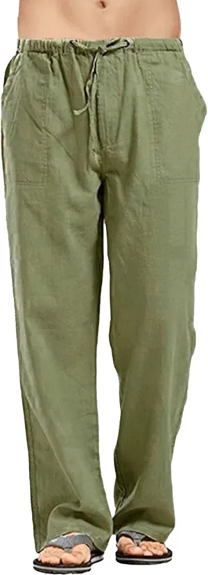 Men's Baggy Cotton Linen Summer Pants Drawstring Solid Beach Trousers Straight Leg Casual Outdoor Sweatpants