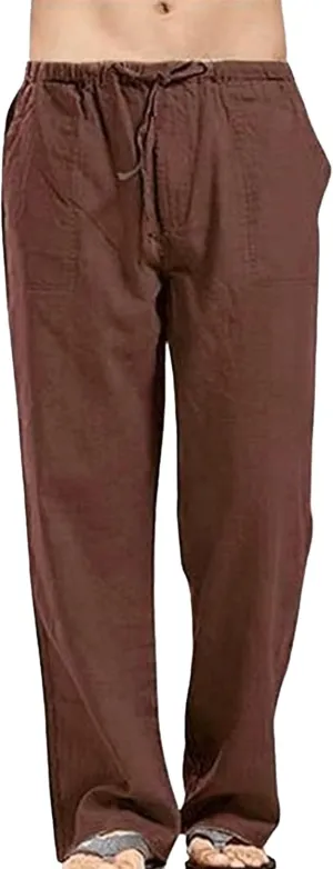 Men's Baggy Cotton Linen Summer Pants Drawstring Solid Beach Trousers Straight Leg Casual Outdoor Sweatpants