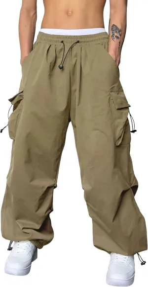 Men's Cargo Pants Casual Wide Leg Drawstring Waist Pant Hiking Pant with Multiple Pockets