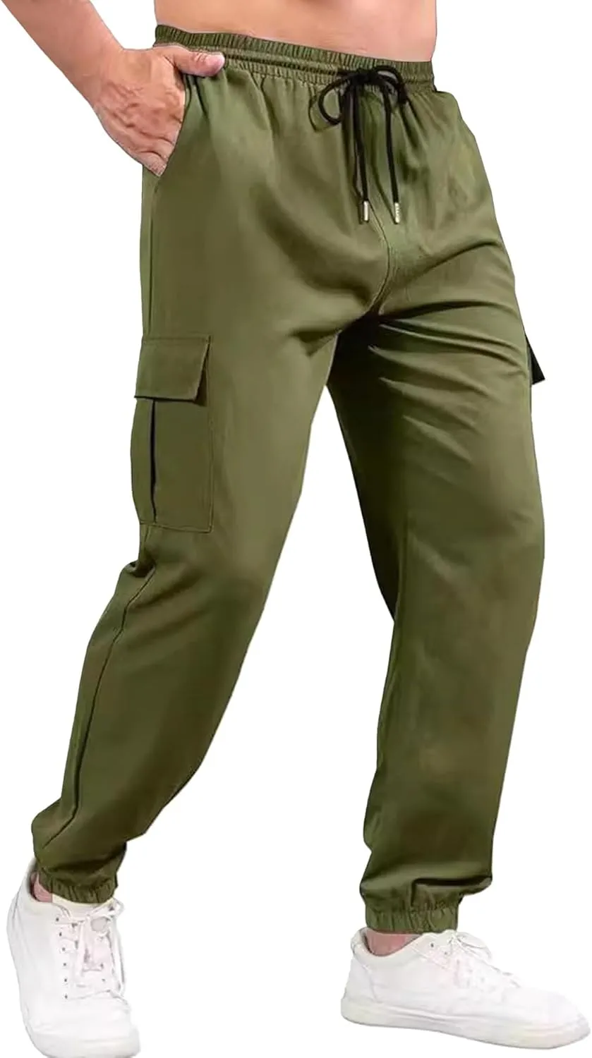Men's Casual Lightweight Drawstring Tapered Pants Elastic Waist Solid Cargo Trousers Stretch Work Outdoor Sweatpants