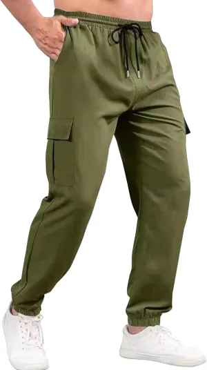 Men's Casual Lightweight Drawstring Tapered Pants Elastic Waist Solid Cargo Trousers Stretch Work Outdoor Sweatpants