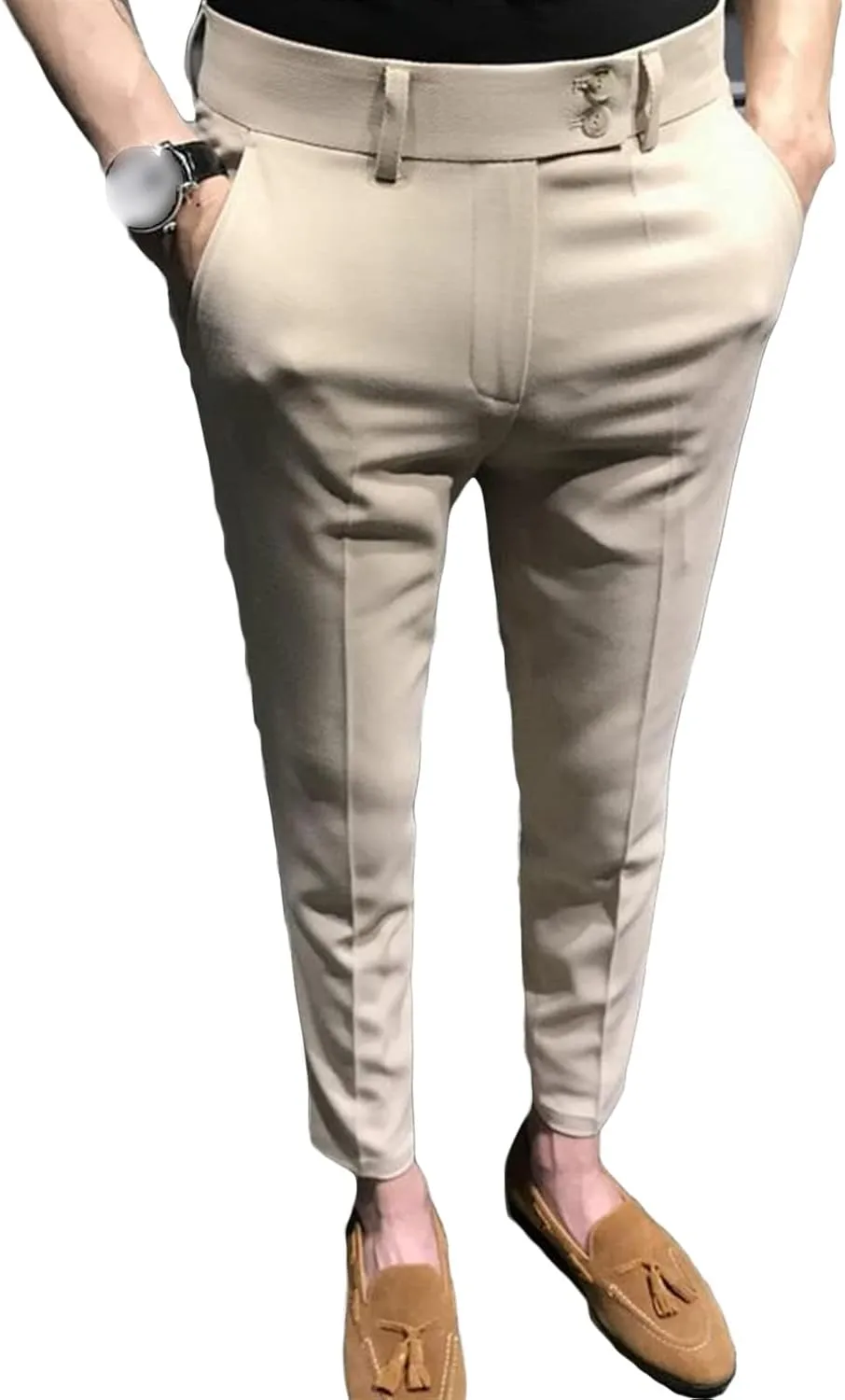 Men's Chino Flat-Front Slim-Fit Pant Stretch Business Suit Pants Comfy Casual Straight Pants (34,Khaki)