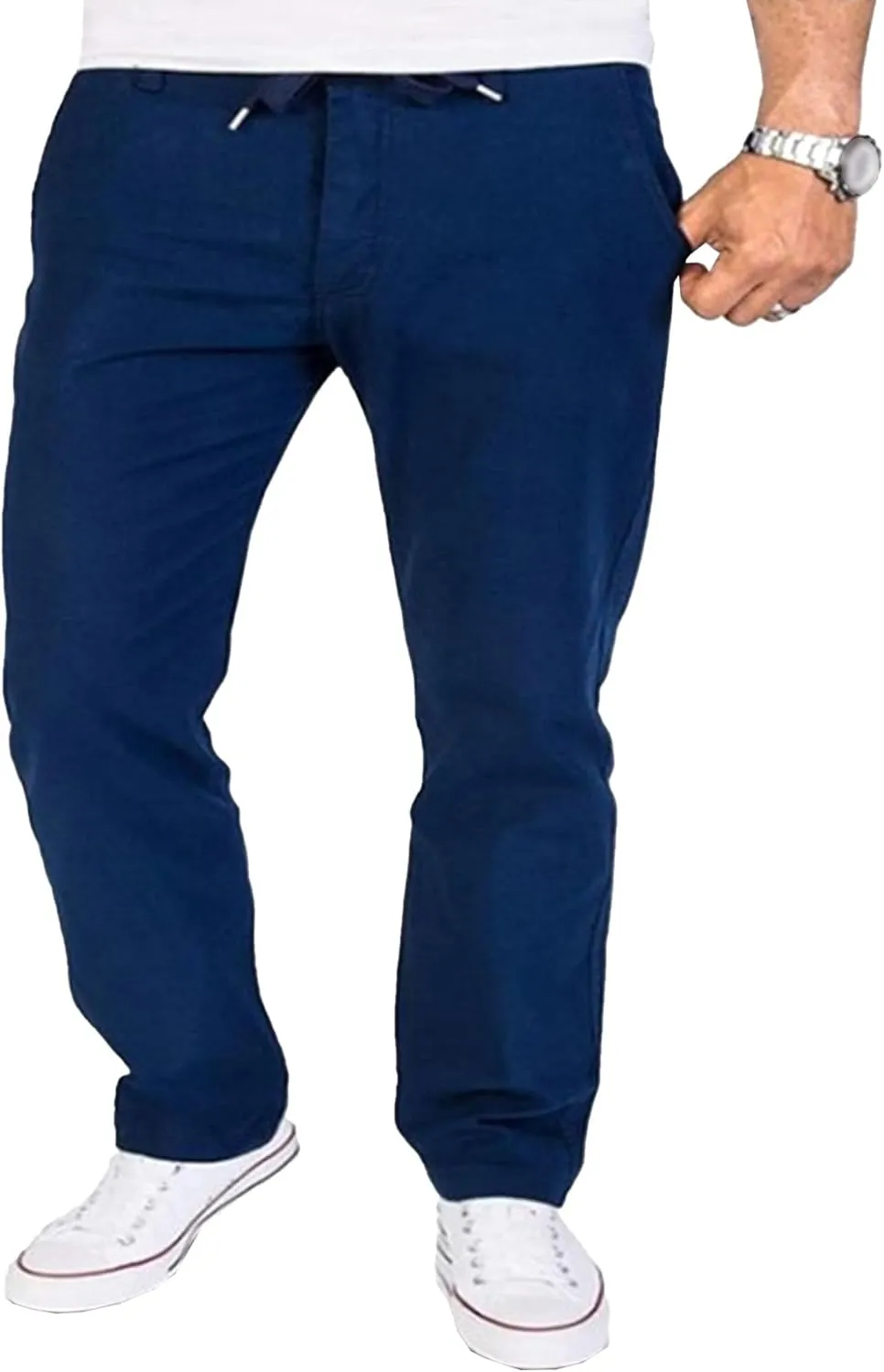 Men's Cotton Linen Drawstring Hiking Pants Elastic Waist Casual Summer Trousers Lightweight Solid Basic Long Pants
