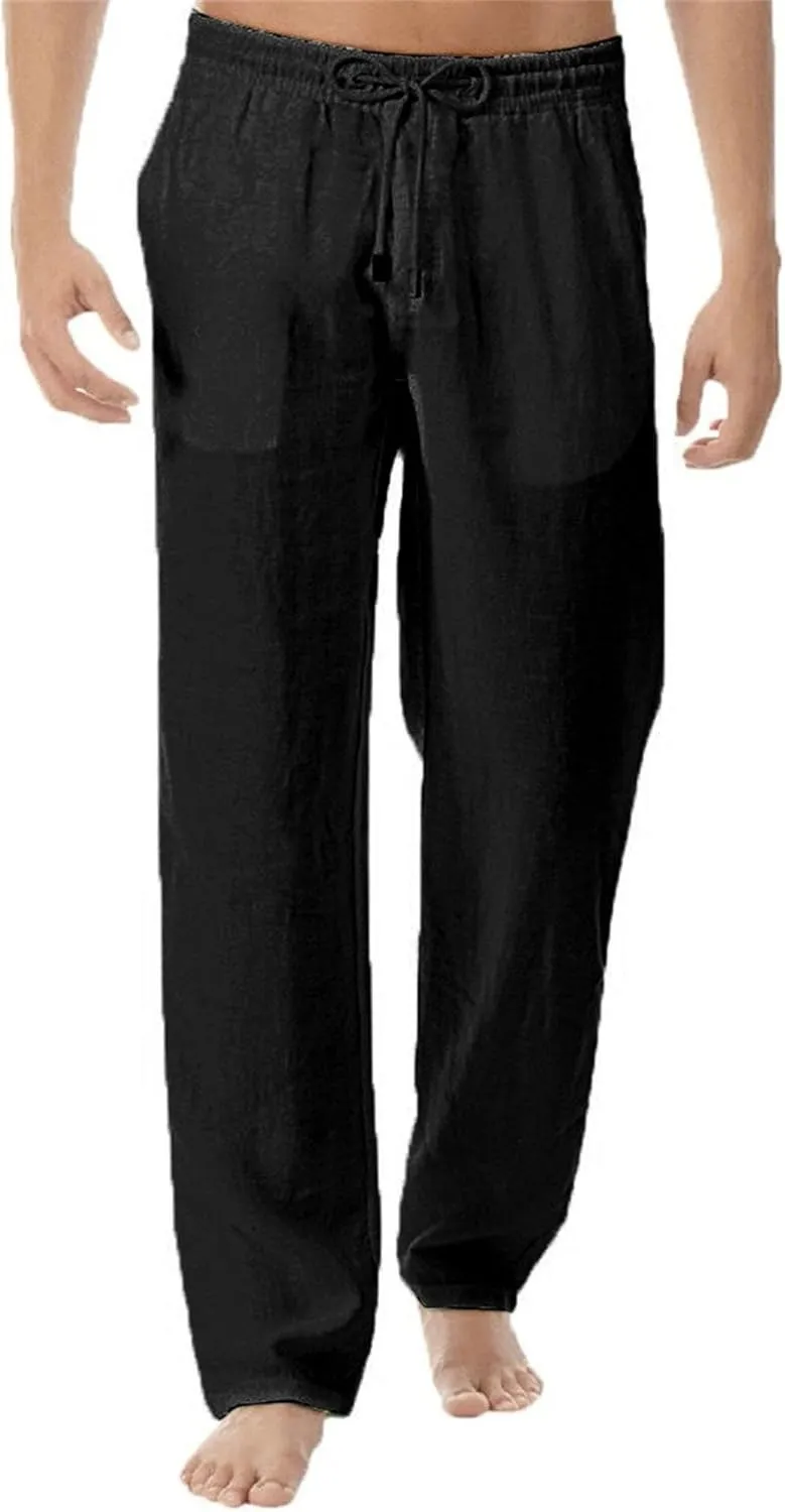 Men's Cotton Linen Drawstring Outdoor Pants Elastic Waist Solid Summer Trousers Baggy Basic Casual Sweatpants