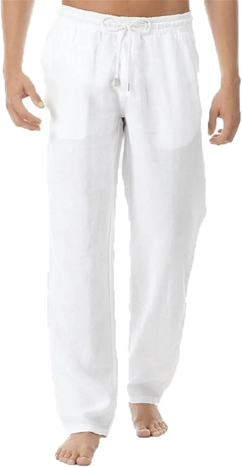 Men's Cotton Linen Drawstring Outdoor Pants Elastic Waist Solid Summer Trousers Baggy Basic Casual Sweatpants