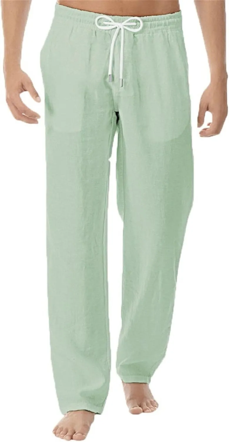 Men's Cotton Linen Drawstring Outdoor Pants Elastic Waist Solid Summer Trousers Baggy Basic Casual Sweatpants
