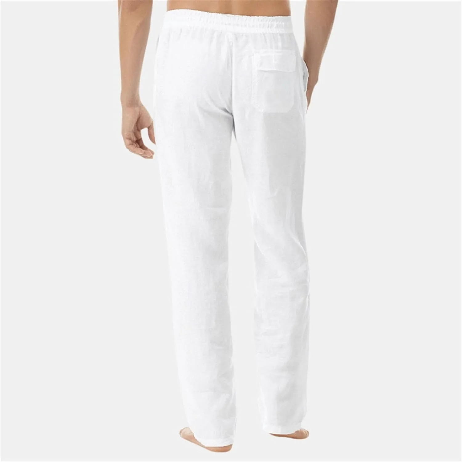 Men's Cotton Linen Drawstring Outdoor Pants Elastic Waist Solid Summer Trousers Baggy Basic Casual Sweatpants
