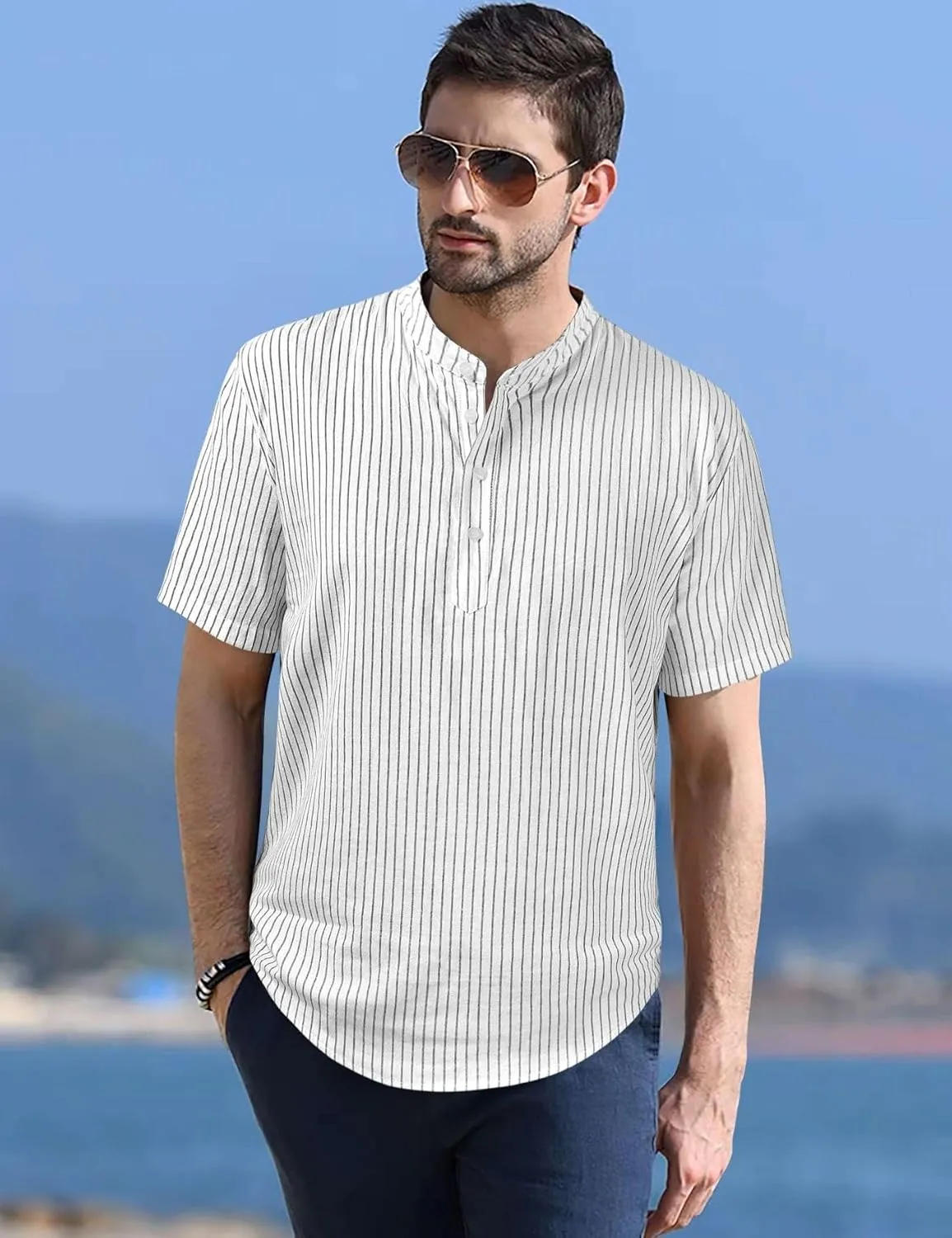 Mens Cotton Linen Henley Shirt Short Sleeve Casual Button Down Summer Beach T Shirts