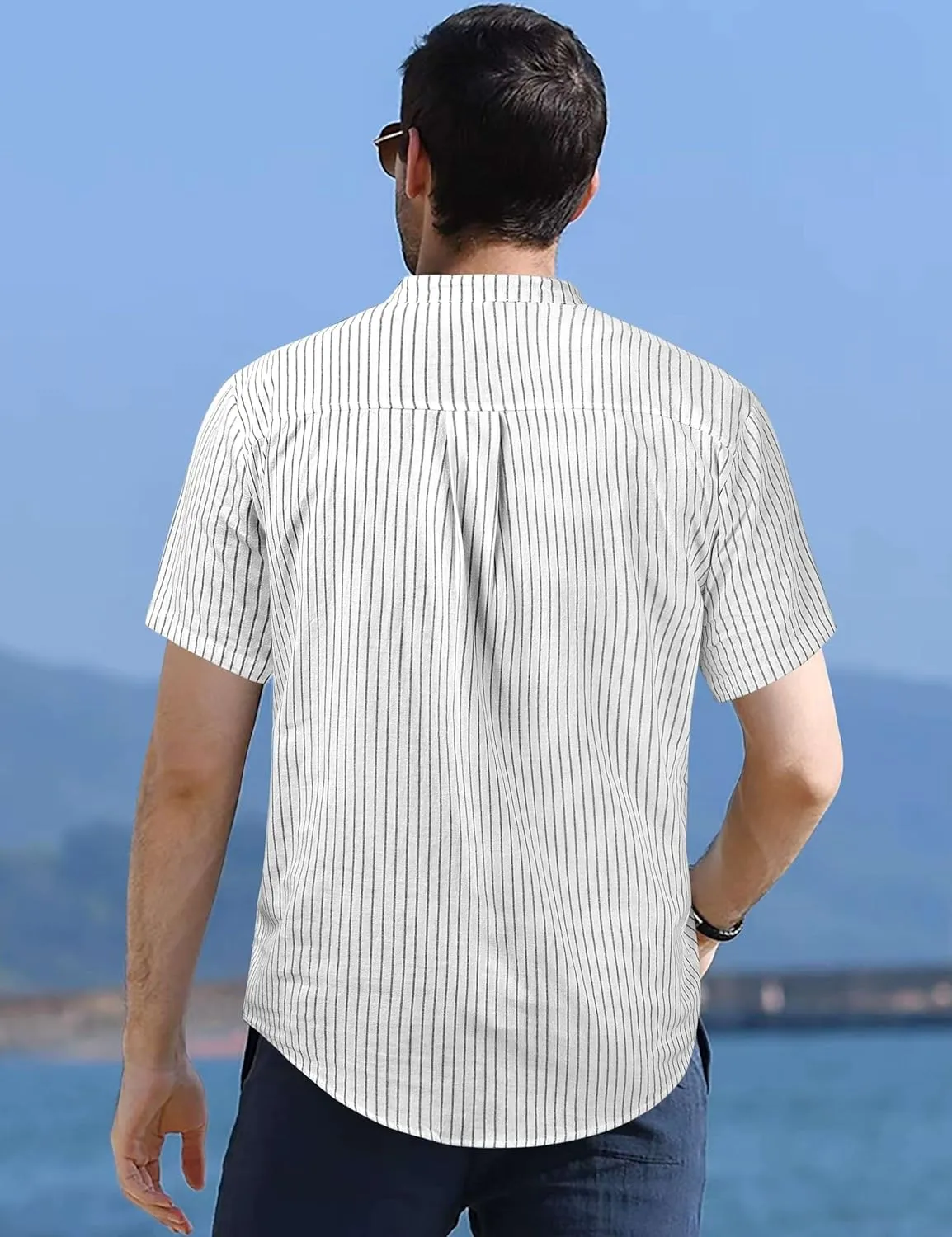 Mens Cotton Linen Henley Shirt Short Sleeve Casual Button Down Summer Beach T Shirts