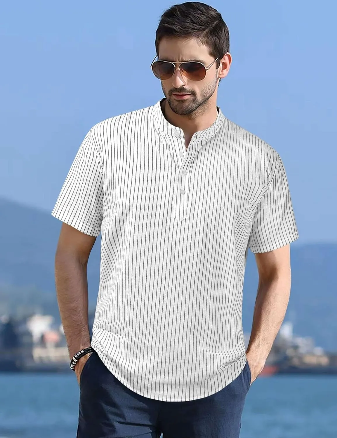 Mens Cotton Linen Henley Shirt Short Sleeve Casual Button Down Summer Beach T Shirts