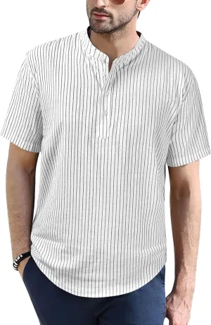 Mens Cotton Linen Henley Shirt Short Sleeve Casual Button Down Summer Beach T Shirts