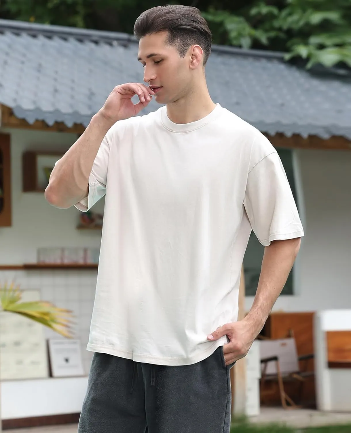 Men's Cotton T-Shirts Oversized Unisex Short Sleeves Casual Loose Wash Solid Basic Tee Tops