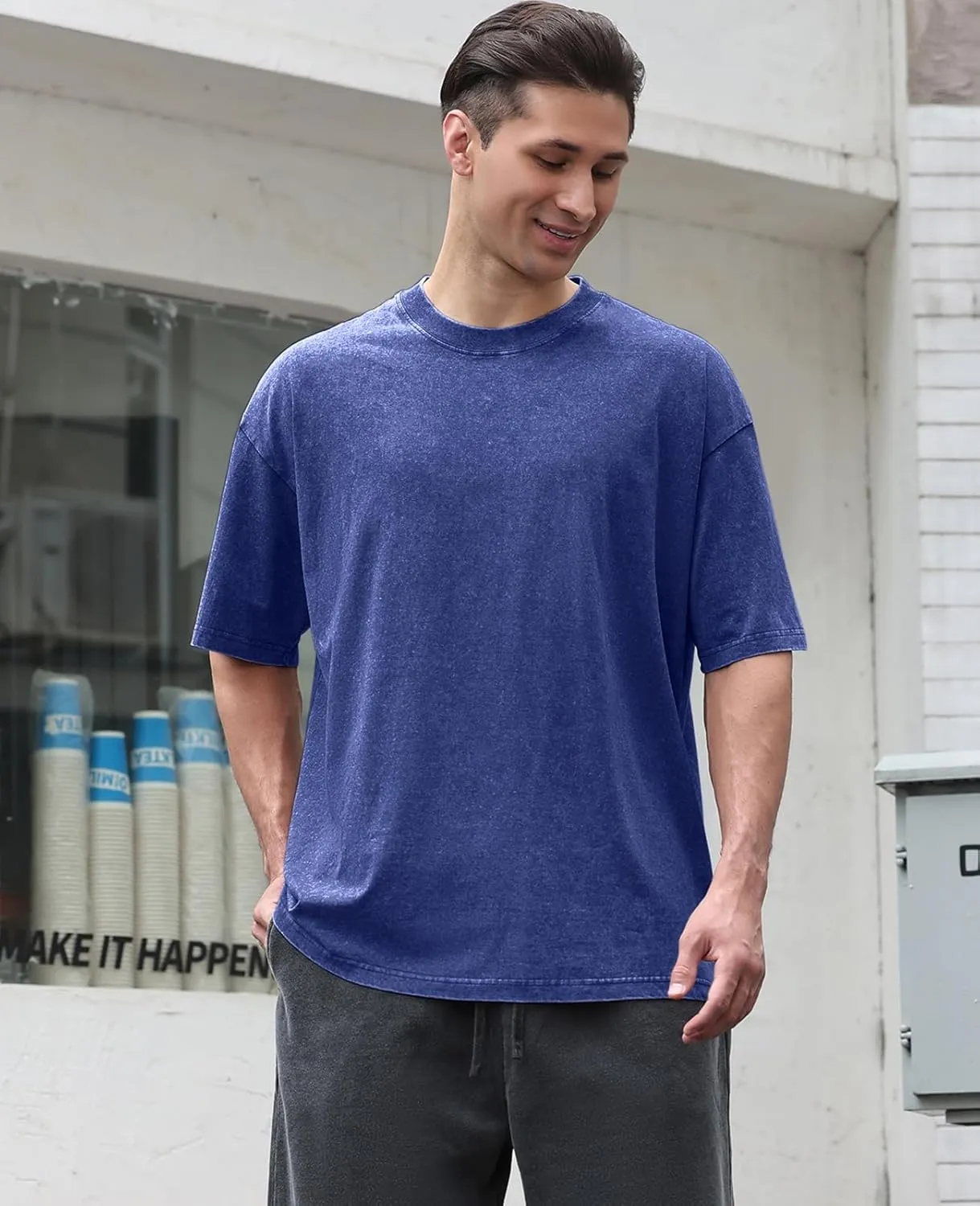 Men's Cotton T-Shirts Oversized Unisex Short Sleeves Casual Loose Wash Solid Basic Tee Tops