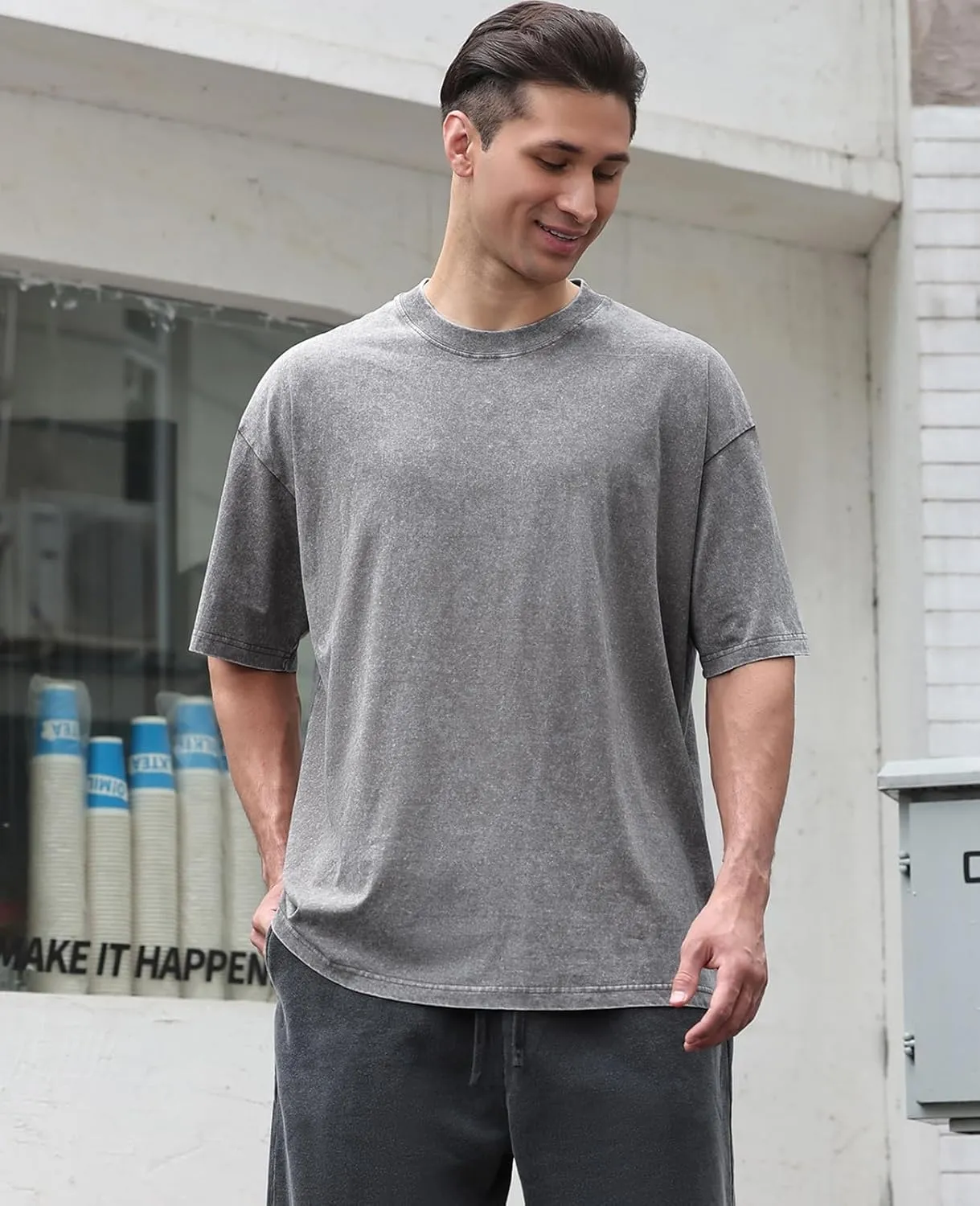 Men's Cotton T-Shirts Oversized Unisex Short Sleeves Casual Loose Wash Solid Basic Tee Tops