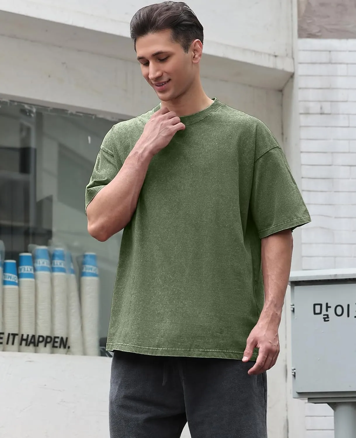 Men's Cotton T-Shirts Oversized Unisex Short Sleeves Casual Loose Wash Solid Basic Tee Tops