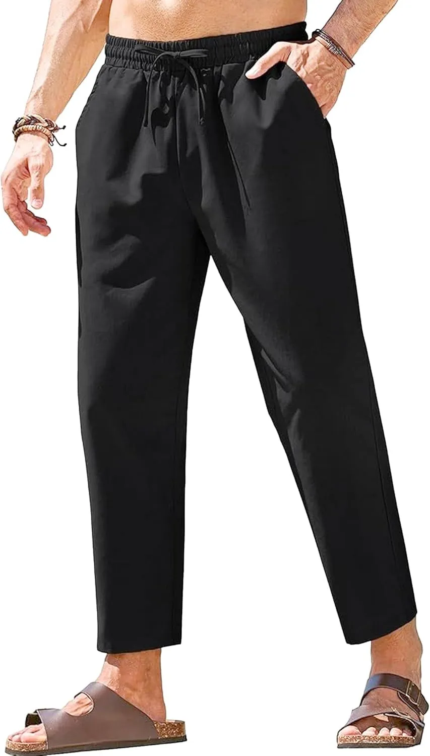 Men's Drawstring Baggy Outdoor Pants Elastic Waist Solid Summer Trousers Cotton Linen Comfort Sweatpants