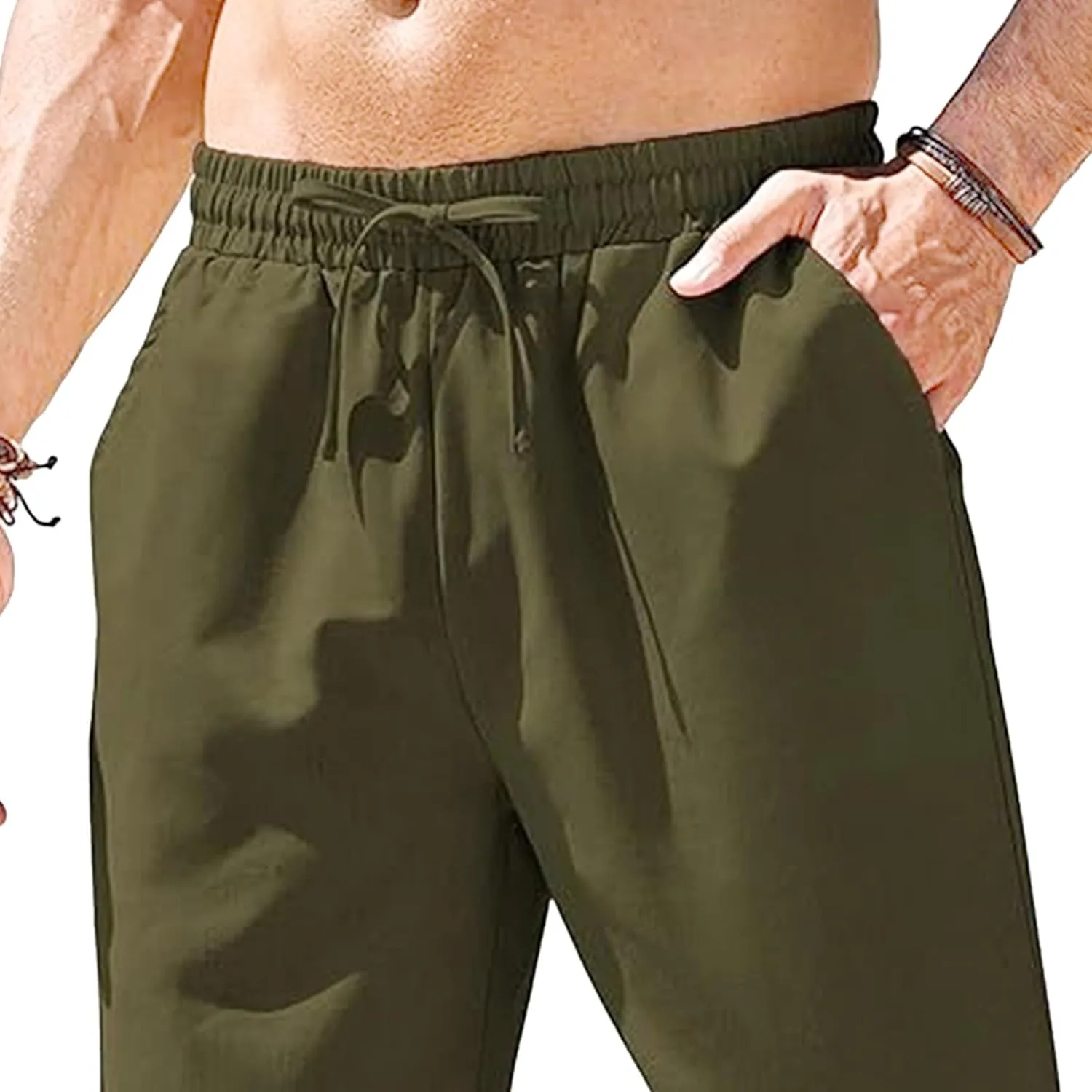 Men's Drawstring Baggy Outdoor Pants Elastic Waist Solid Summer Trousers Cotton Linen Comfort Sweatpants