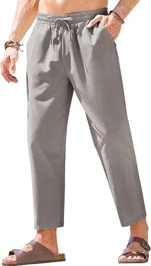 Men's Drawstring Baggy Outdoor Pants Elastic Waist Solid Summer Trousers Cotton Linen Comfort Sweatpants