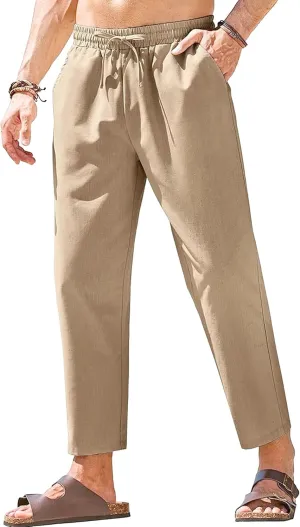 Men's Drawstring Baggy Outdoor Pants Elastic Waist Solid Summer Trousers Cotton Linen Comfort Sweatpants