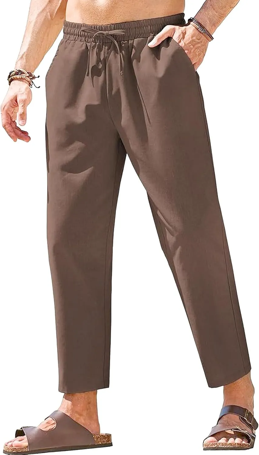 Men's Drawstring Baggy Outdoor Pants Elastic Waist Solid Summer Trousers Cotton Linen Comfort Sweatpants