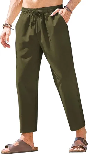 Men's Drawstring Baggy Outdoor Pants Elastic Waist Solid Summer Trousers Cotton Linen Comfort Sweatpants