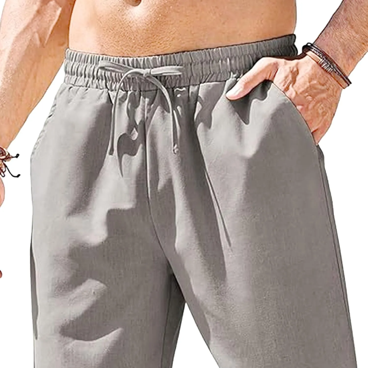 Men's Drawstring Baggy Outdoor Pants Elastic Waist Solid Summer Trousers Cotton Linen Comfort Sweatpants