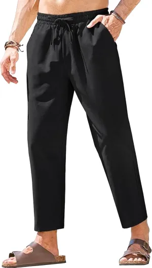 Men's Drawstring Baggy Outdoor Pants Elastic Waist Solid Summer Trousers Cotton Linen Comfort Sweatpants