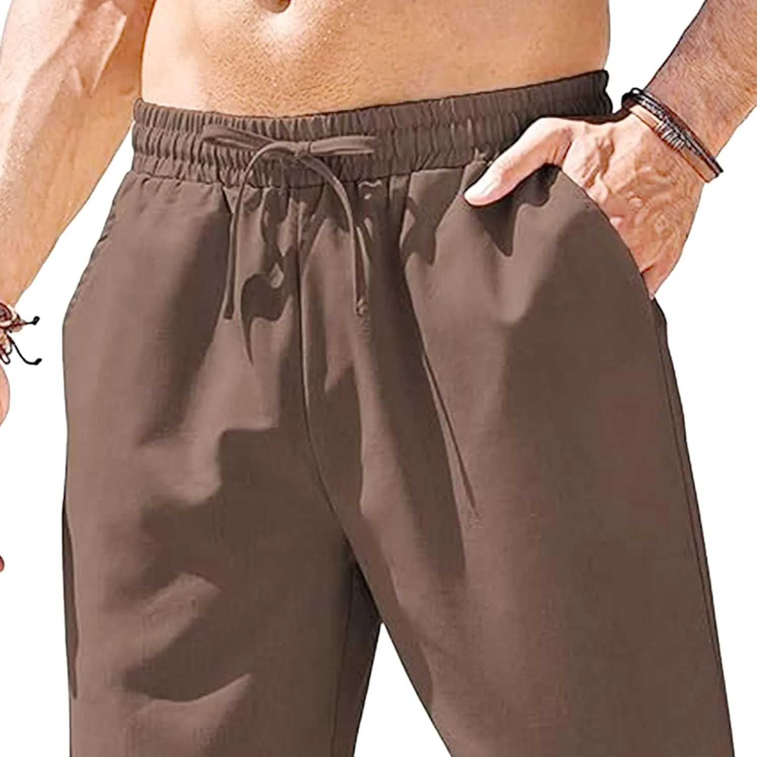 Men's Drawstring Baggy Outdoor Pants Elastic Waist Solid Summer Trousers Cotton Linen Comfort Sweatpants
