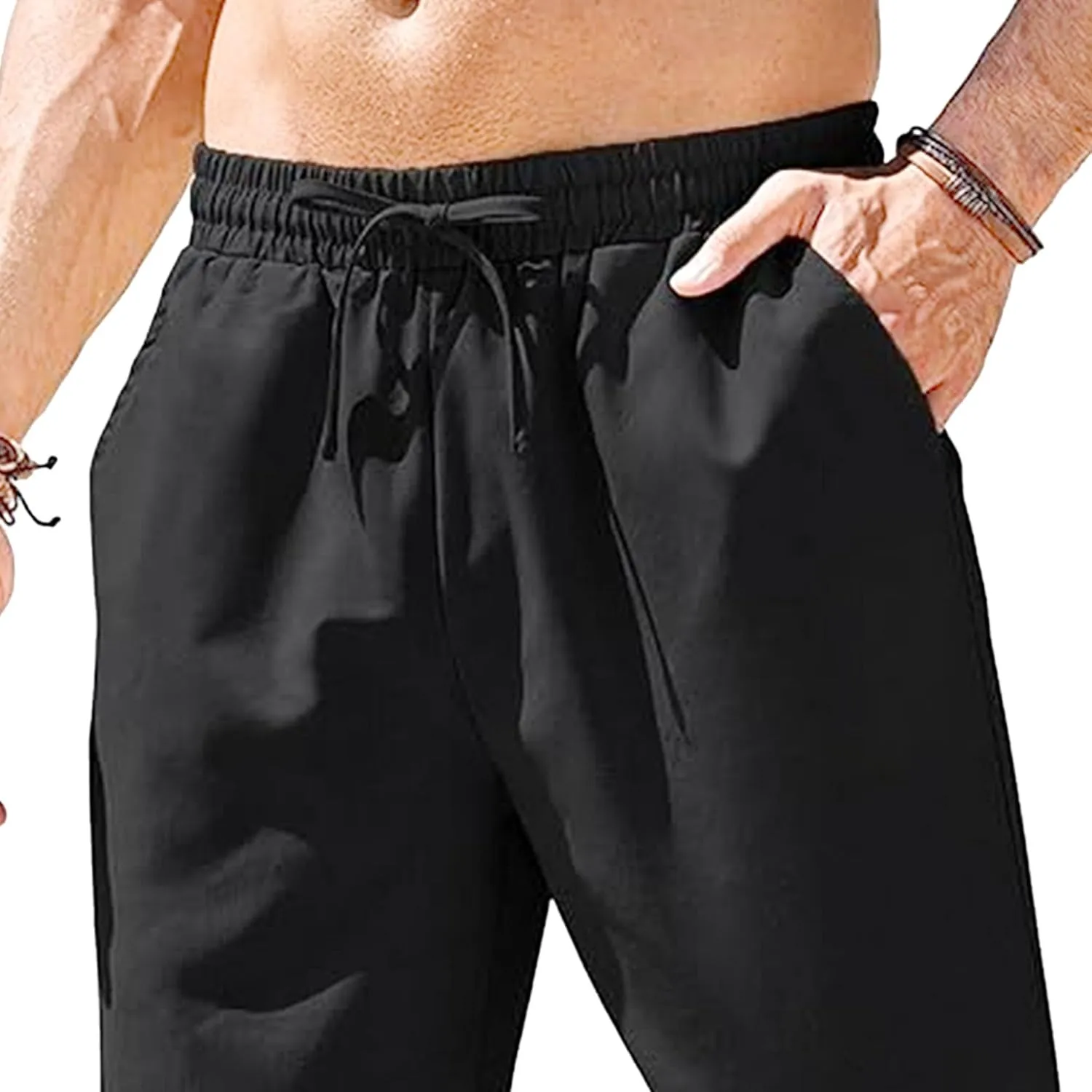 Men's Drawstring Baggy Outdoor Pants Elastic Waist Solid Summer Trousers Cotton Linen Comfort Sweatpants
