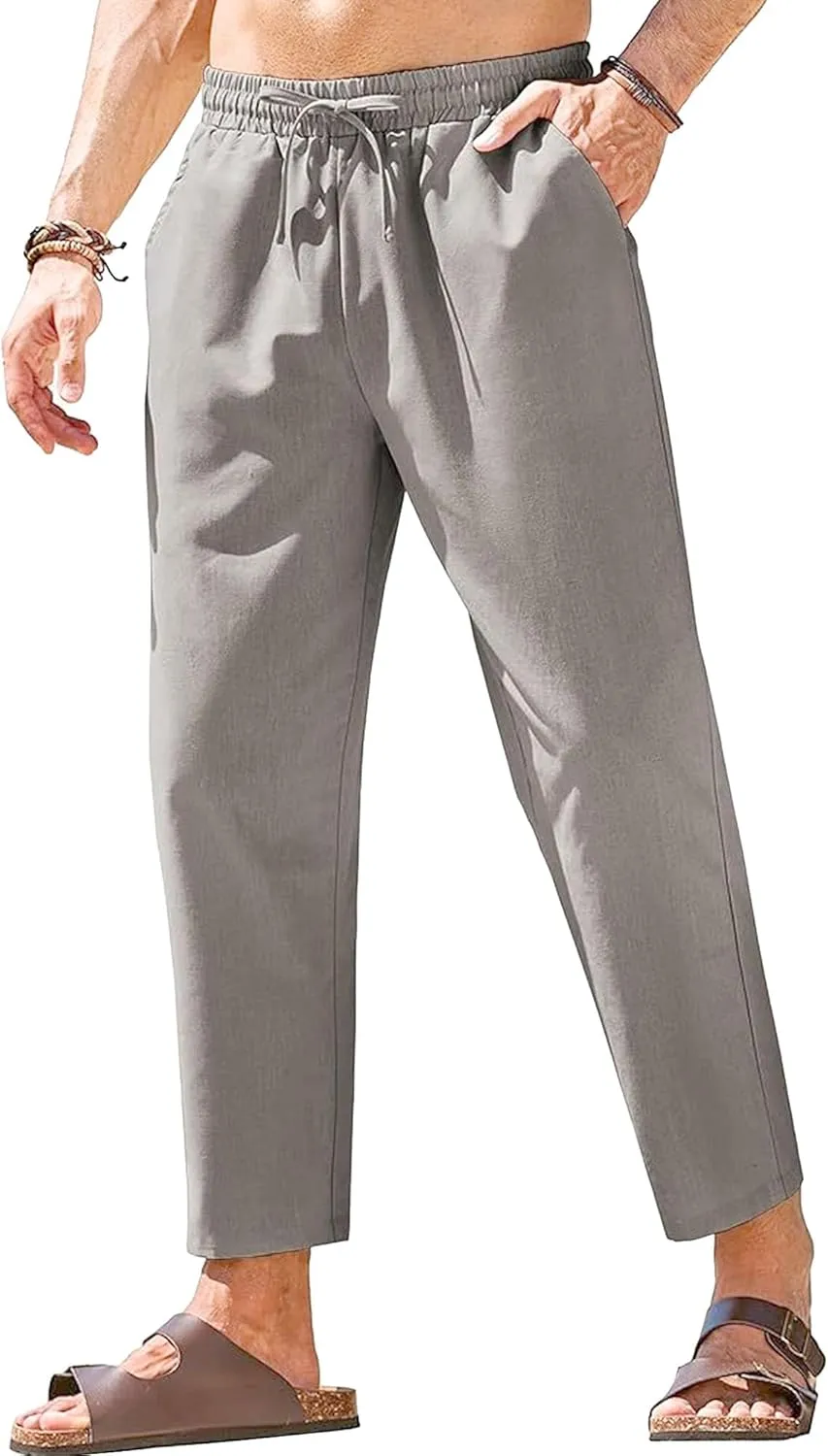 Men's Drawstring Baggy Outdoor Pants Elastic Waist Solid Summer Trousers Cotton Linen Comfort Sweatpants