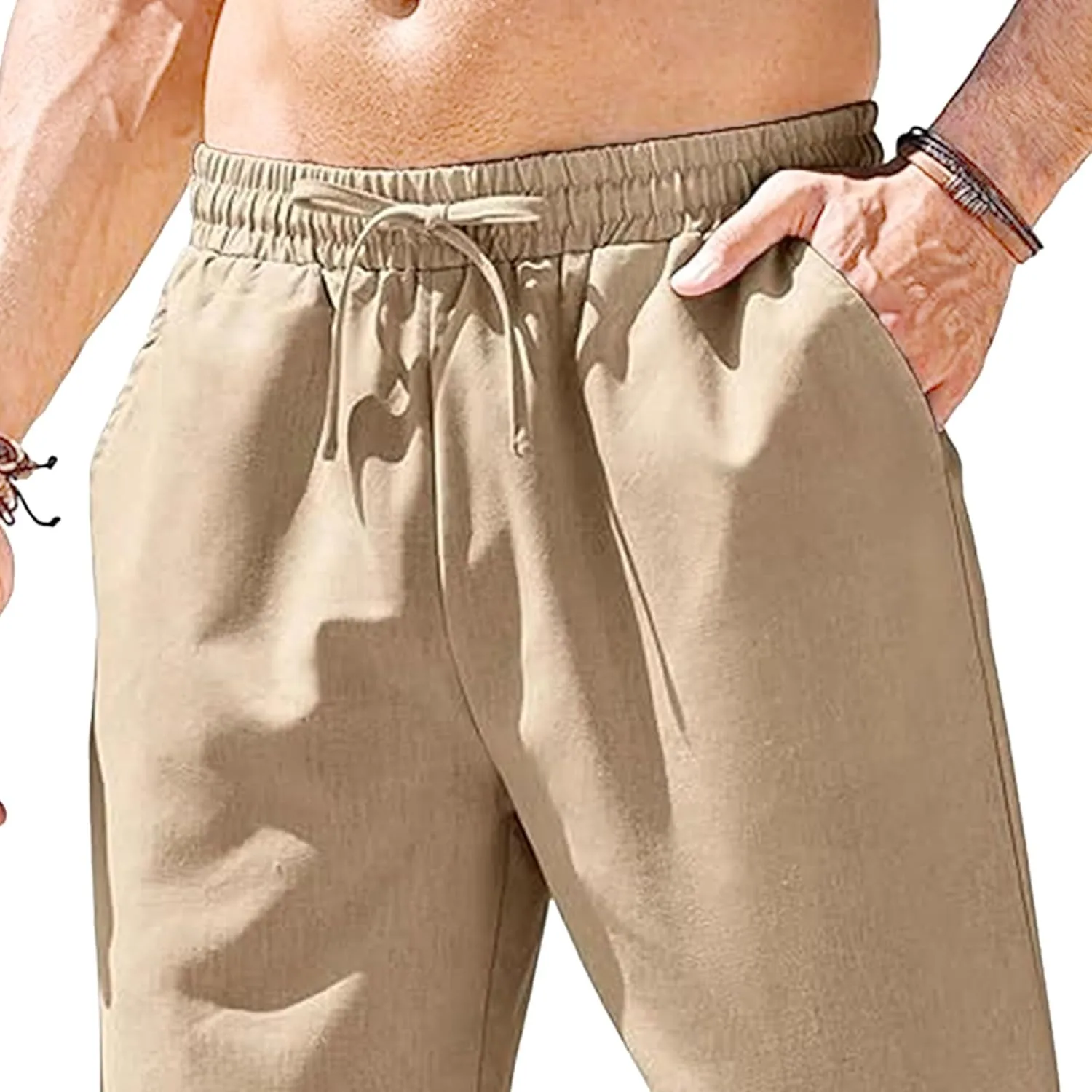 Men's Drawstring Baggy Outdoor Pants Elastic Waist Solid Summer Trousers Cotton Linen Comfort Sweatpants