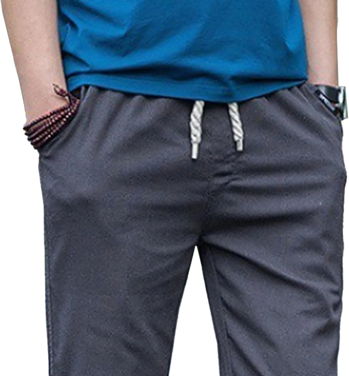 Men's Drawstring Cotton Linen Summer Pants Lightweight Solid Casual Beach Trousers Baggy Straight Leg Basic Pants