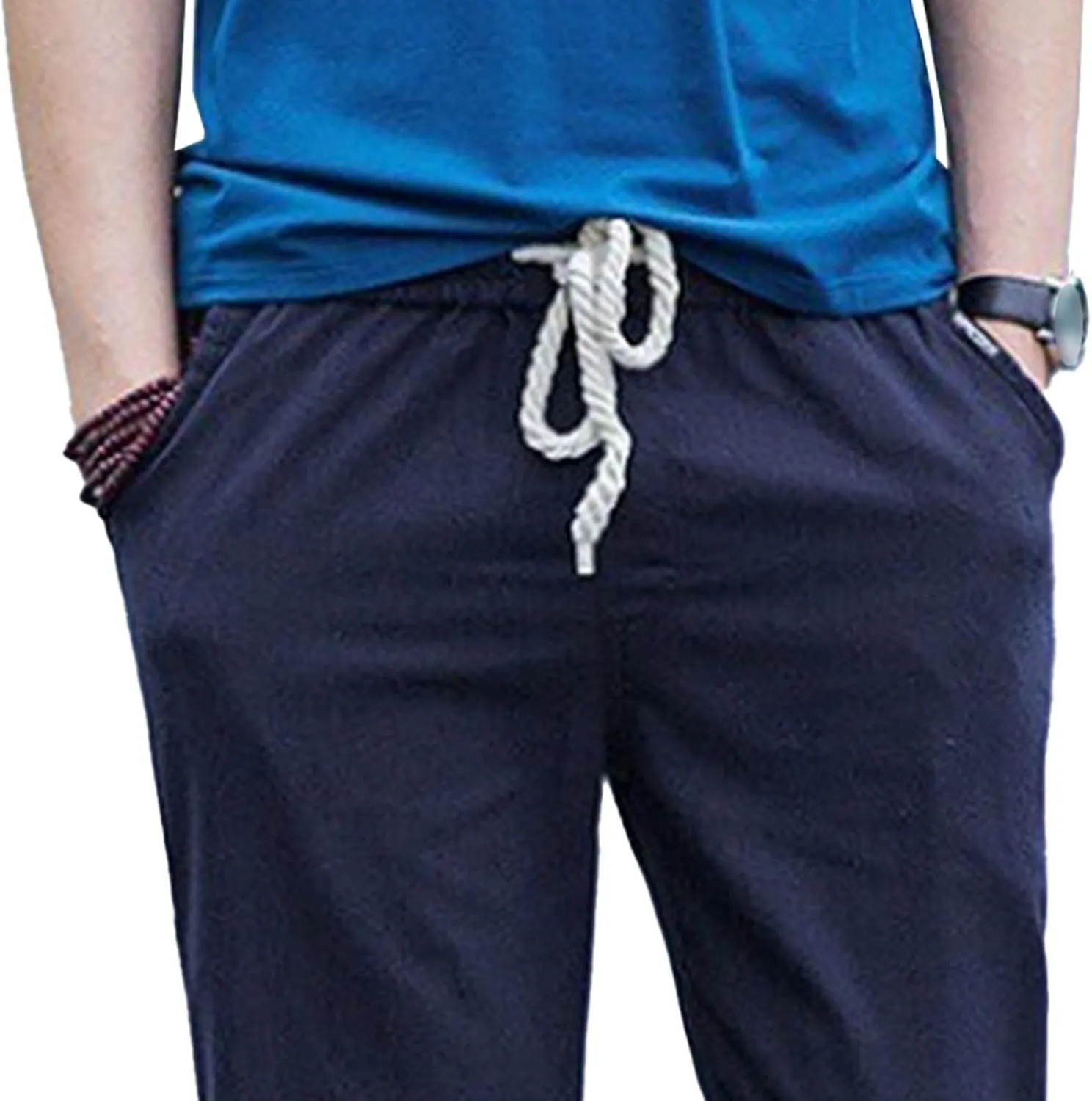 Men's Drawstring Cotton Linen Summer Pants Lightweight Solid Casual Beach Trousers Baggy Straight Leg Basic Pants