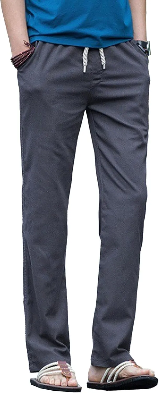 Men's Drawstring Cotton Linen Summer Pants Lightweight Solid Casual Beach Trousers Baggy Straight Leg Basic Pants
